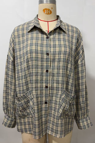 Plaid Smocked Pocket Long Sleeve Shirt