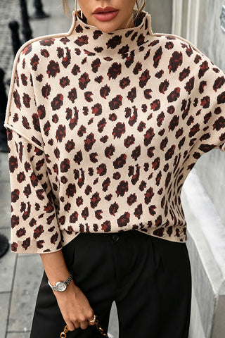Leopard Print Mock Neck Bell Sleeve Sweater