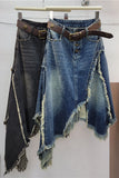 Asymmetric Frayed Hem Denim Midi Skirt