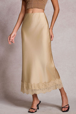 Lace Hem Satin Slip Midi Skirt