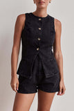 Button-Front Denim Top and Shorts Set