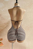 Striped Knit Halter Cutout Romper