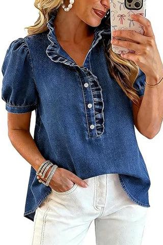Ruffle Collar Puff Sleeve Button-Front Shirt