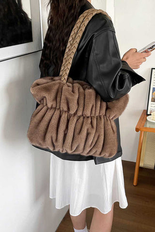 Braided Handle Faux Fur Tote Bag