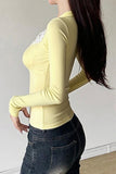 Long Sleeve Lace Trim Button-Up Blouse