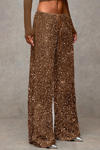 Sequin Drawstring Wide-Leg Casual Pants