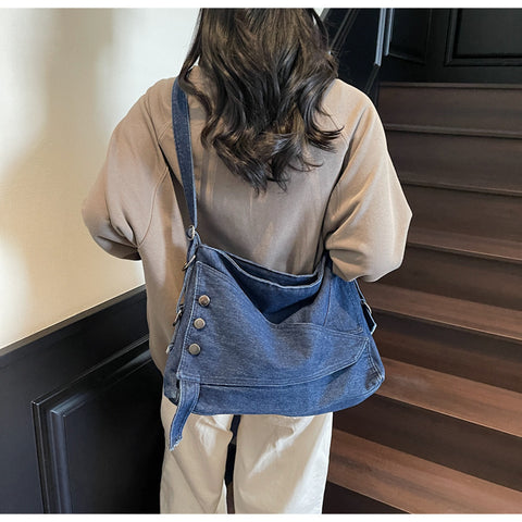 Button Denim Hobo Bag