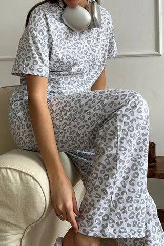 Leopard Print Crew Neck Pants Set