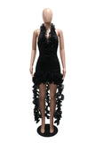Ruched Halter Ruffle High-Low Casual Dress