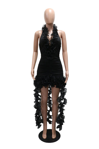 Ruched Halter Ruffle High-Low Casual Dress