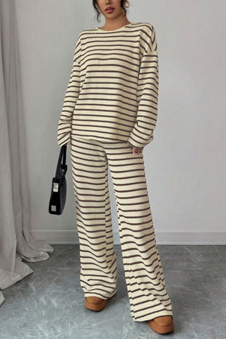 Striped Knit Crew Neck Pants Set