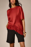 Satin Crew Neck Lace Trim T-Shirt
