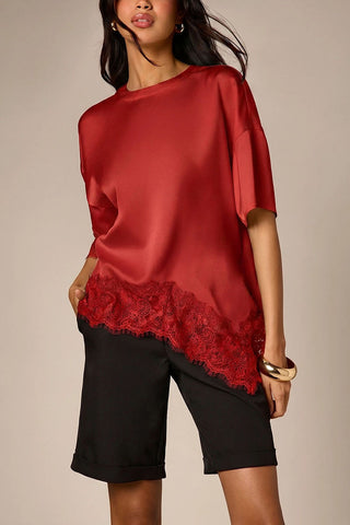 Satin Crew Neck Lace Trim T-Shirt