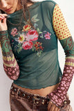 Sheer Mesh Floral Patchwork Mock Neck Top