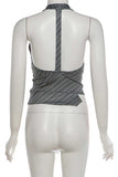 Striped Halter Deep V-Neck Tie Front Tank