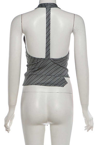 Striped Halter Deep V-Neck Tie Front Tank