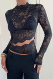 Sheer Floral Lace Mock Neck Long Sleeve Blouse