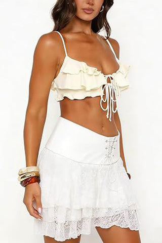 Lace-Up Waist Tiered Ruffle Mini Skirt