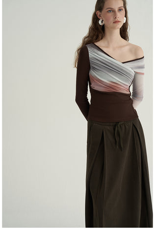 Color-Block Draped Long-Sleeve Top