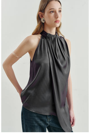 Pleated Drape Neck Sleeveless Blouse