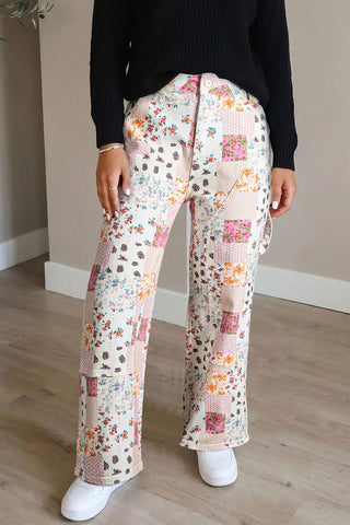 Floral Patchwork High-Waist Baggy Jeans