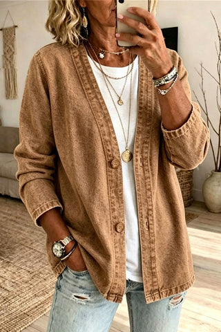 Button-Front V-Neck Denim Jacket