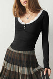 Lace Trim Ribbed Henley Long Sleeve Top