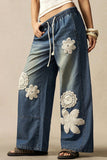 Floral Crochet Applique Drawstring Baggy Jeans
