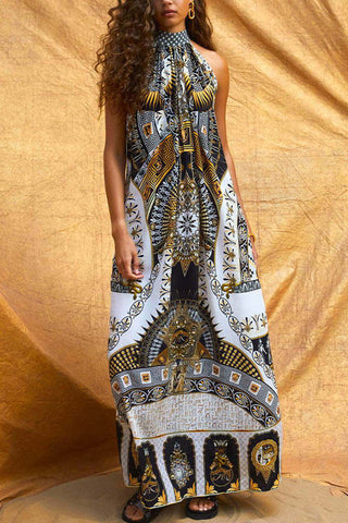 Tie-Back Halter Printed Maxi Dress
