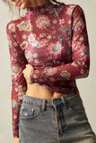 Floral Mock Neck Sheer Long Sleeve Top
