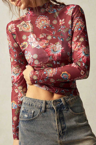 Floral Mock Neck Sheer Long Sleeve Top