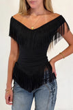 Fringe-Trim Off-Shoulder Top