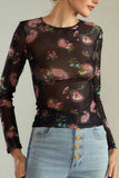 Sheer Floral Print Long Sleeve Blouse