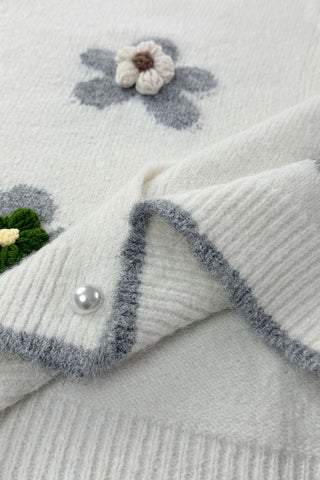 Floral Applique Button-Front Knit Cardigan