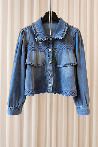 Ruffle Collar Lace Trim Puff Sleeve Jacket
