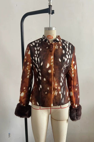 Spotted Faux Fur Cuff Long Sleeve Coat