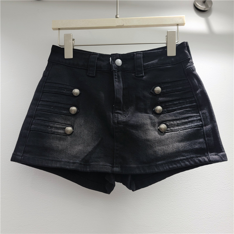 High-Waist Button Detail Denim Shorts