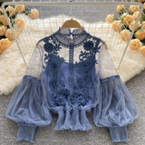 Floral Mesh Puff Sleeve Blouse