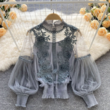 Floral Mesh Puff Sleeve Blouse