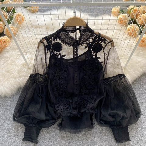 Floral Mesh Puff Sleeve Blouse