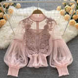 Floral Mesh Puff Sleeve Blouse