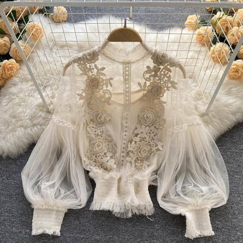Floral Mesh Puff Sleeve Blouse