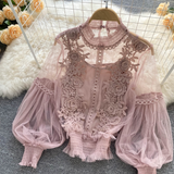 Floral Mesh Puff Sleeve Blouse