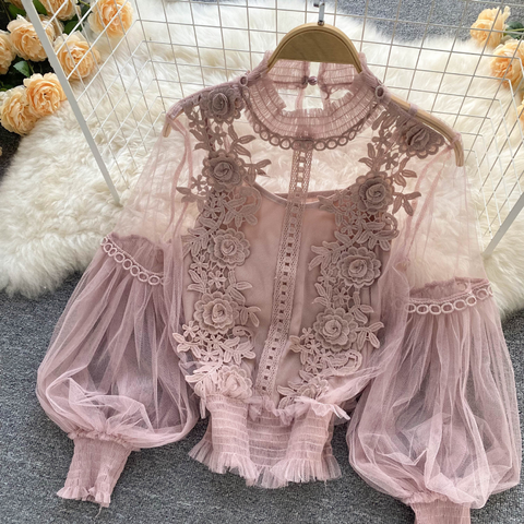 Floral Mesh Puff Sleeve Blouse
