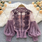 Floral Mesh Puff Sleeve Blouse