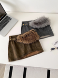 Button-Accent Fur Trim Mini Skirt