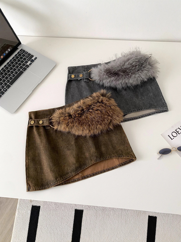 Button-Accent Fur Trim Mini Skirt
