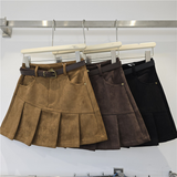 Belted Pleated Suede Mini Skirt