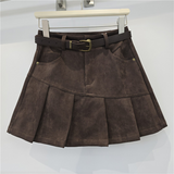 Belted Pleated Suede Mini Skirt