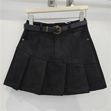 Belted Pleated Suede Mini Skirt